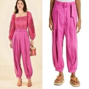 FARM RIO  100% Linen Cuffed Hem Pants in pink/fuchsia Size Small NO BELT